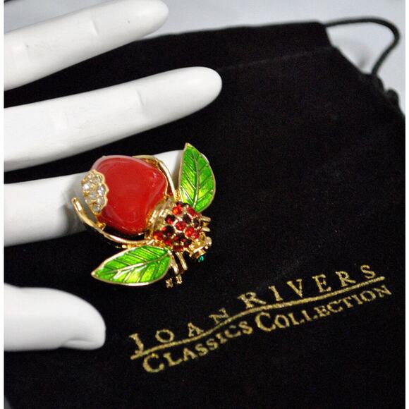 NEW Joan Rivers Big Red APPLE BEE PIN Bug Brooch Pave Crystal Rhinestones Enamel - Picture 9 of 10
